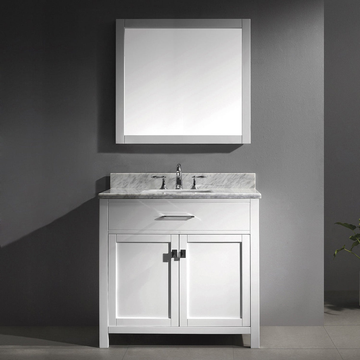 Virtu USA Caroline 36" Single Bath Vanity with White Marble Top and Square Sink with Brushed Nickel Faucet with Matching Mirror