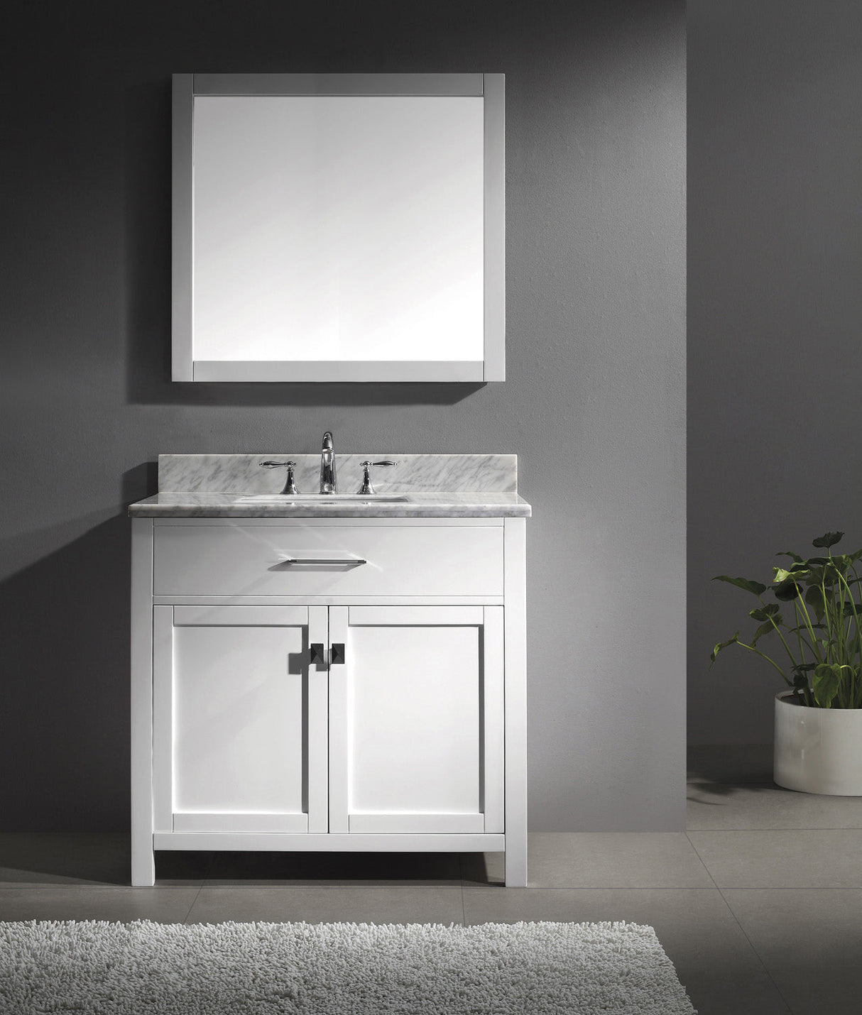 Virtu USA Caroline 36" Single Bath Vanity with White Marble Top and Square Sink with Brushed Nickel Faucet with Matching Mirror