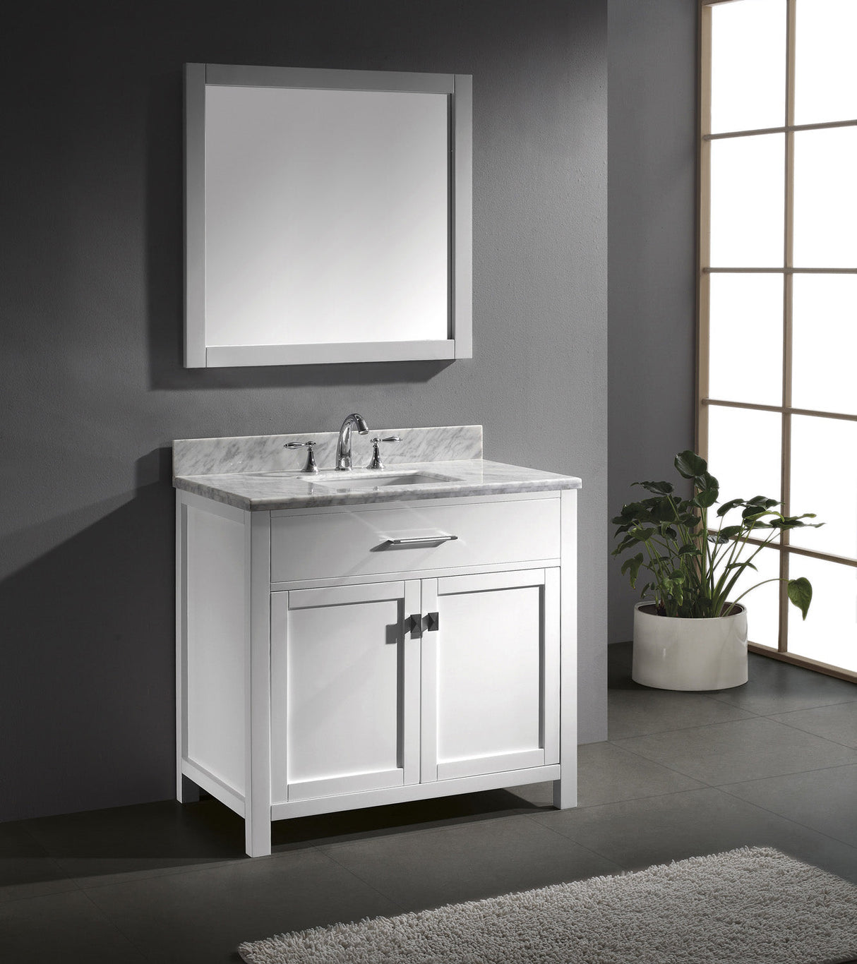 Virtu USA Caroline 36" Single Bath Vanity with White Marble Top and Square Sink with Brushed Nickel Faucet with Matching Mirror