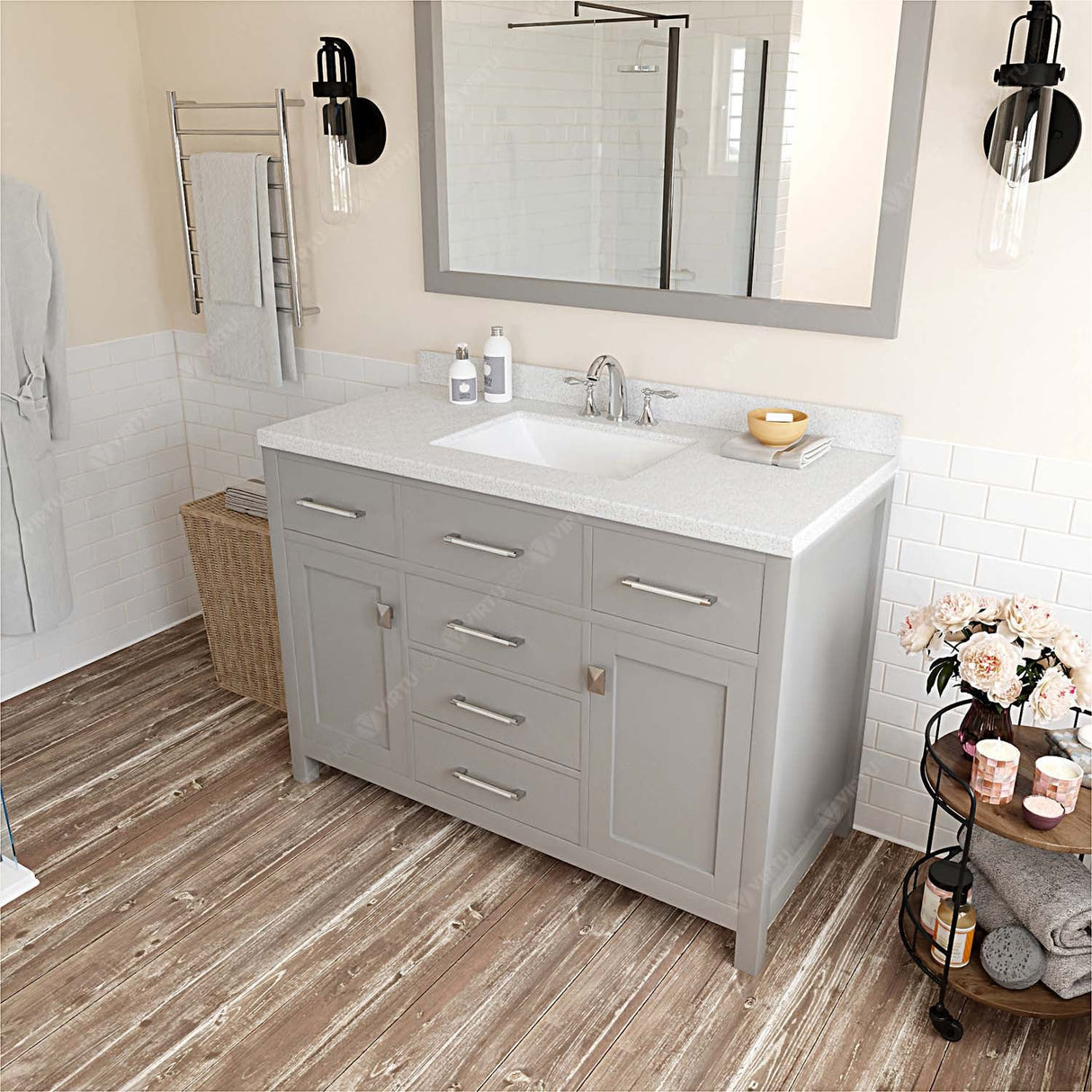 Virtu USA Caroline 48" Single Bath Vanity with Dazzle White Quartz Top and Square Sink with Brushed Nickel Faucet with Matching Mirror