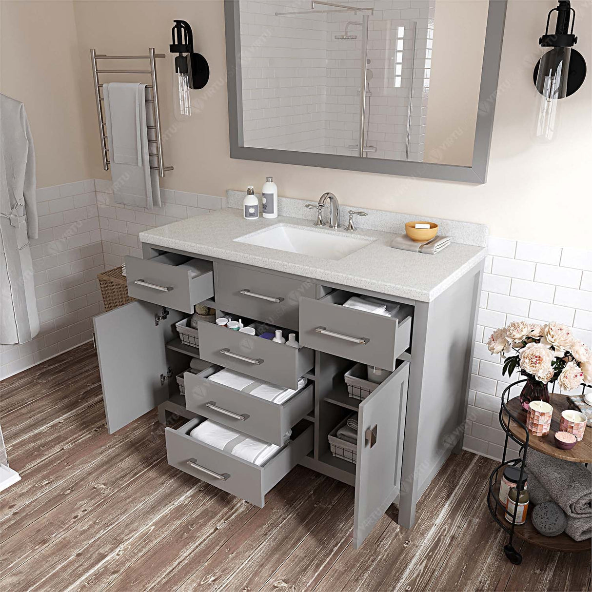 Virtu USA Caroline 48" Single Bath Vanity with Dazzle White Quartz Top and Square Sink with Brushed Nickel Faucet with Matching Mirror