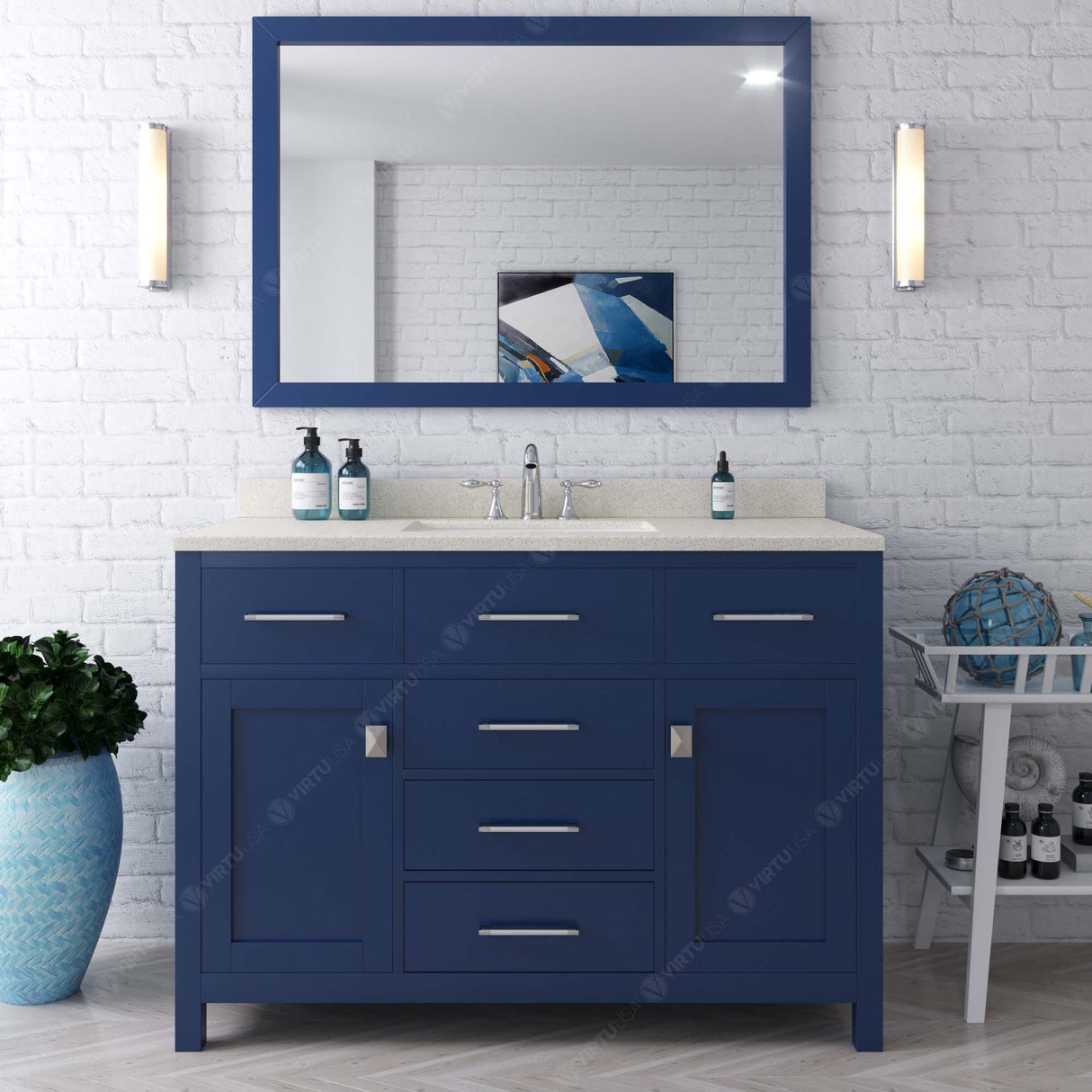 Virtu USA Caroline 48" Single Bath Vanity with Dazzle White Quartz Top and Square Sink with Brushed Nickel Faucet with Matching Mirror