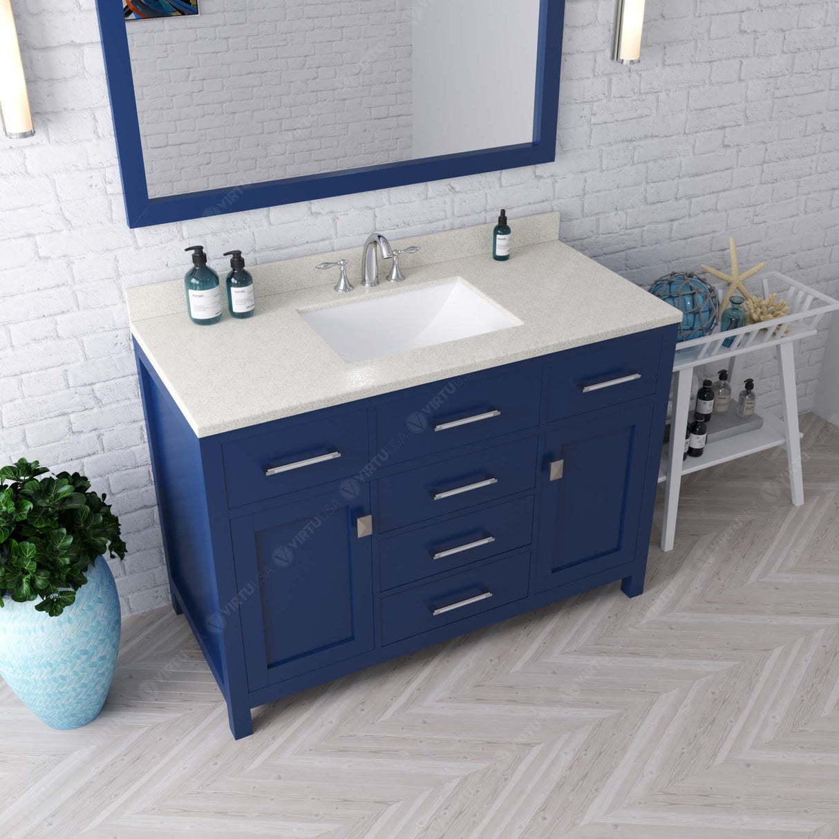 Virtu USA Caroline 48" Single Bath Vanity with Dazzle White Quartz Top and Square Sink with Brushed Nickel Faucet with Matching Mirror