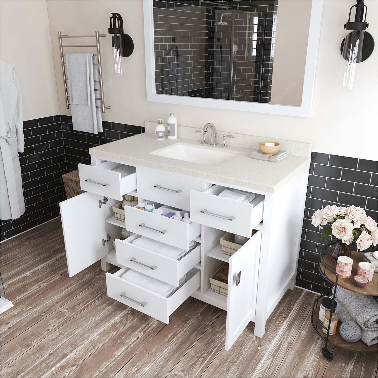 Virtu USA Caroline 48" Single Bath Vanity with Dazzle White Quartz Top and Square Sink with Brushed Nickel Faucet with Matching Mirror