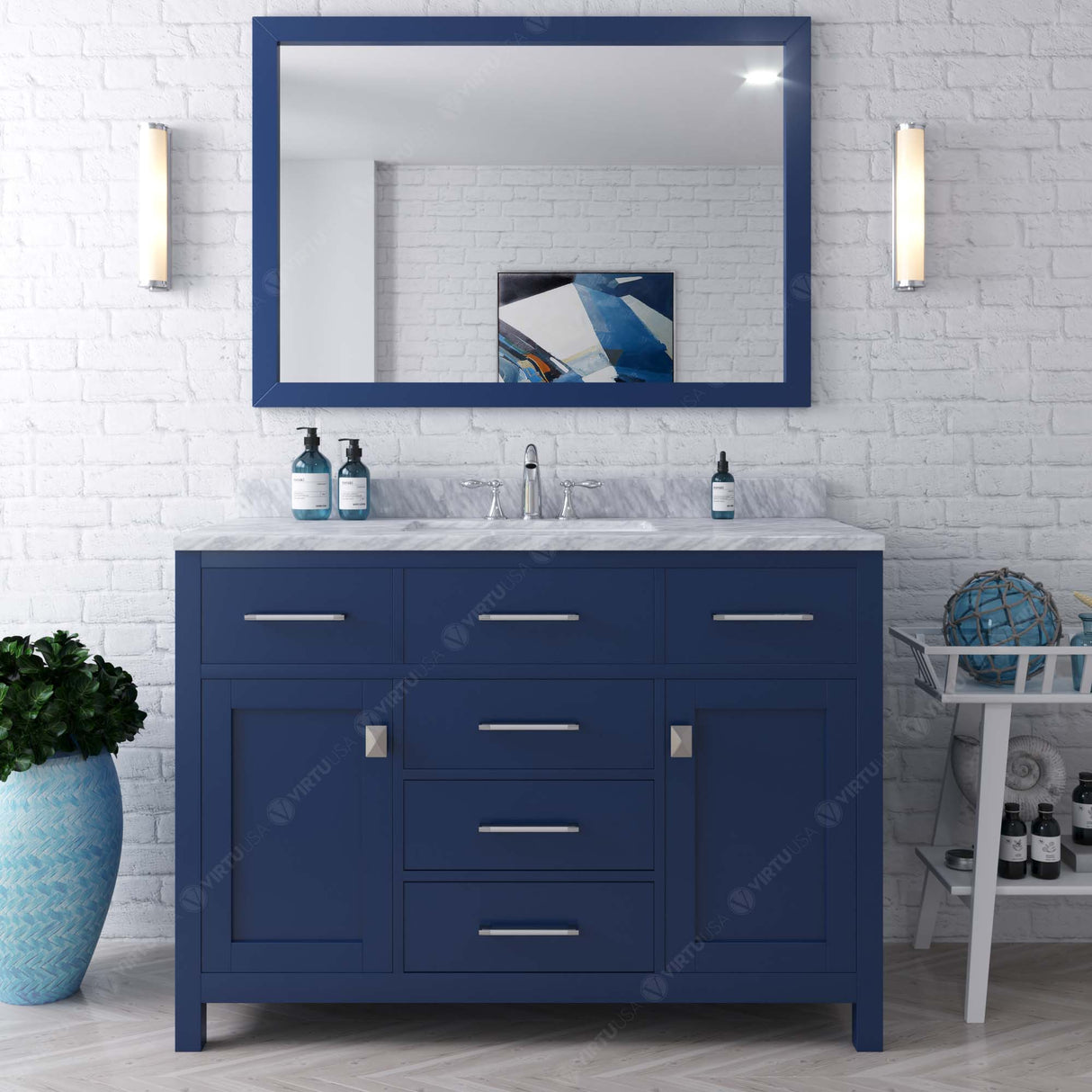 Virtu USA Caroline 48" Single Bath Vanity with White Marble Top and Square Sink with Brushed Nickel Faucet with Matching Mirror