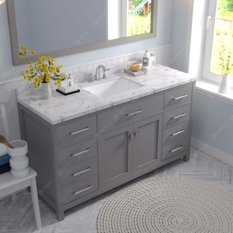 Virtu USA Caroline 60" Single Bath Vanity with White Quartz Top and Square Sink with Polished Chrome Faucet with Matching Mirror