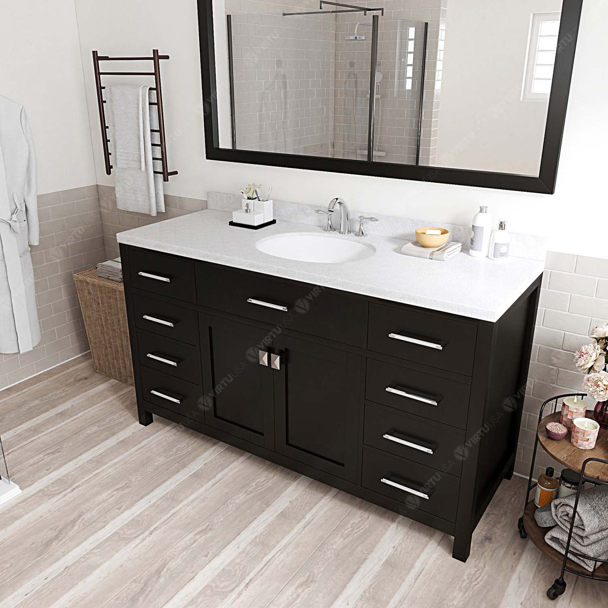 Virtu USA Caroline 60" Single Bath Vanity with Dazzle White Quartz Top and Round Sink with Matching Mirror