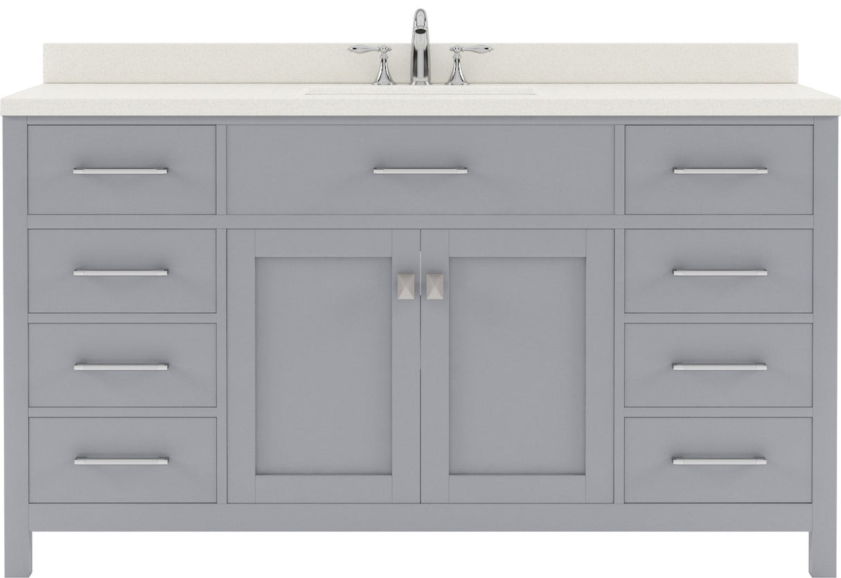 Virtu USA Caroline 60" Single Bath Vanity with White Quartz Top and Round Sink with Brushed Nickel Faucet with Matching Mirror