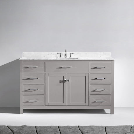 Virtu USA Caroline 60" Single Bath Vanity with White Marble Top and Square Sink with Brushed Nickel Faucet