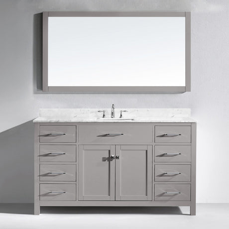 Virtu USA Caroline 60" Single Bath Vanity with White Marble Top and Square Sink with Polished Chrome Faucet with Matching Mirror