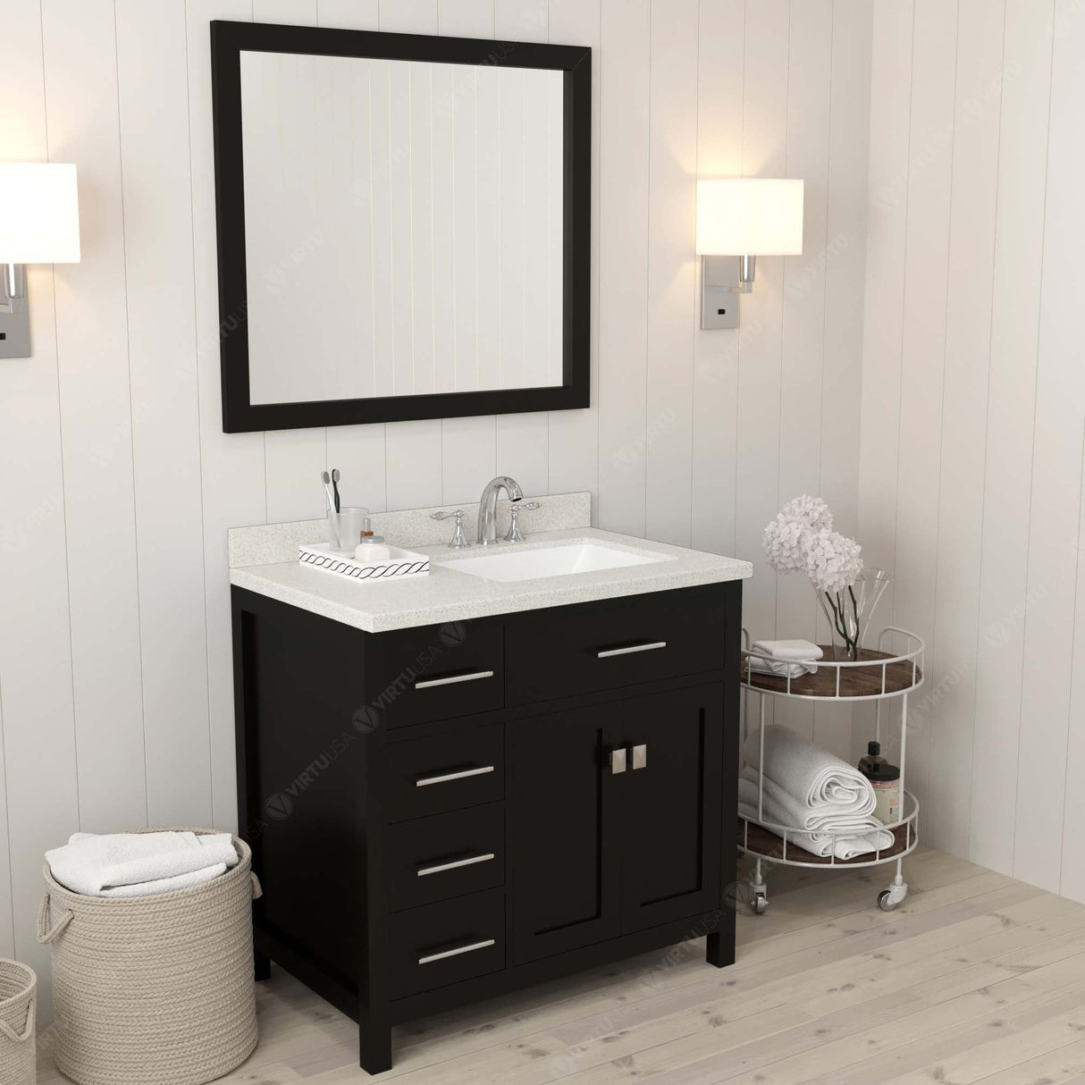 Virtu USA Caroline Parkway 36" Single Bath Vanity with Dazzle White Quartz Top and Square Sink with Polished Chrome Faucet with Matching Mirror