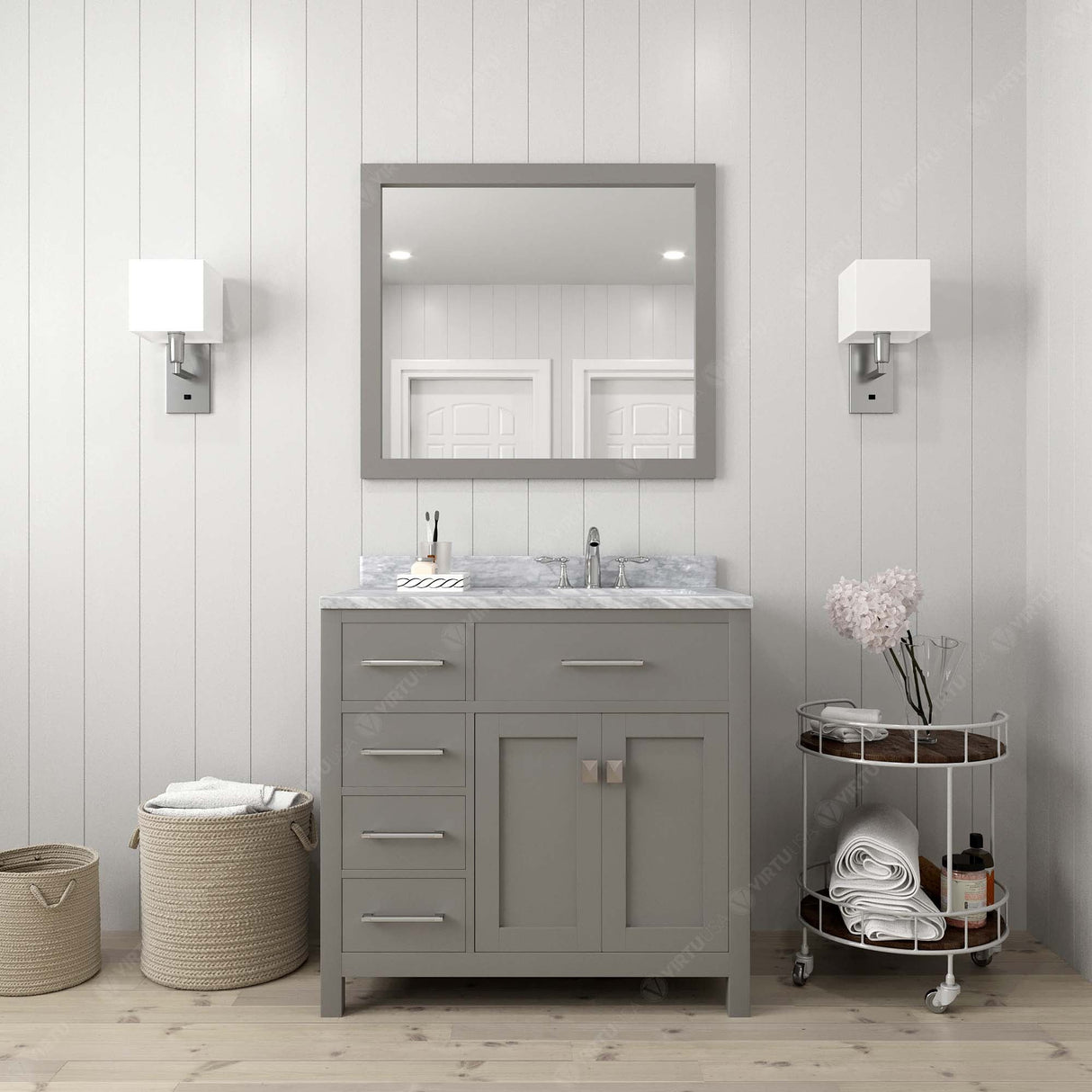 Virtu USA Caroline Parkway 36" Single Bath Vanity with Italian Carrara White Marble Top and Square Sink with Polished Chrome Faucet with Matching Mirror