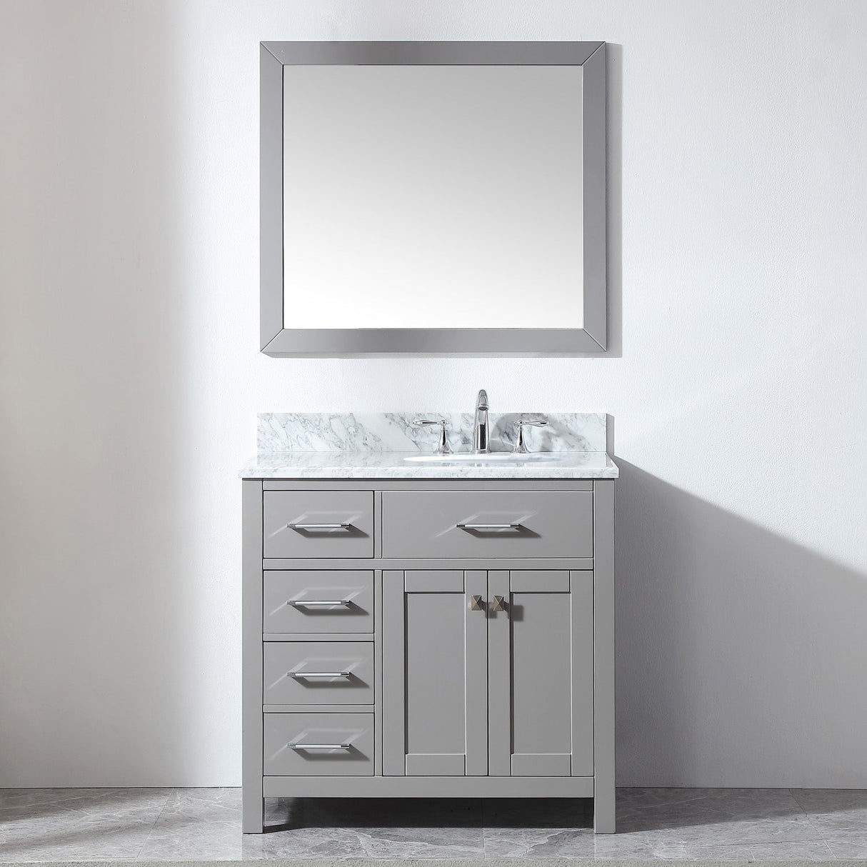 Virtu USA Caroline Parkway 36" Single Bath Vanity with Italian Carrara White Marble Top and Square Sink with Polished Chrome Faucet with Matching Mirror