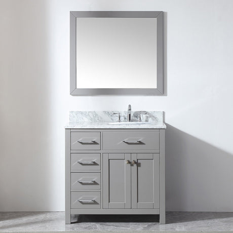 Virtu USA Caroline Parkway 36" Single Bath Vanity with Italian Carrara White Marble Top and Round Sink with Brushed Nickel Faucet with Matching Mirror