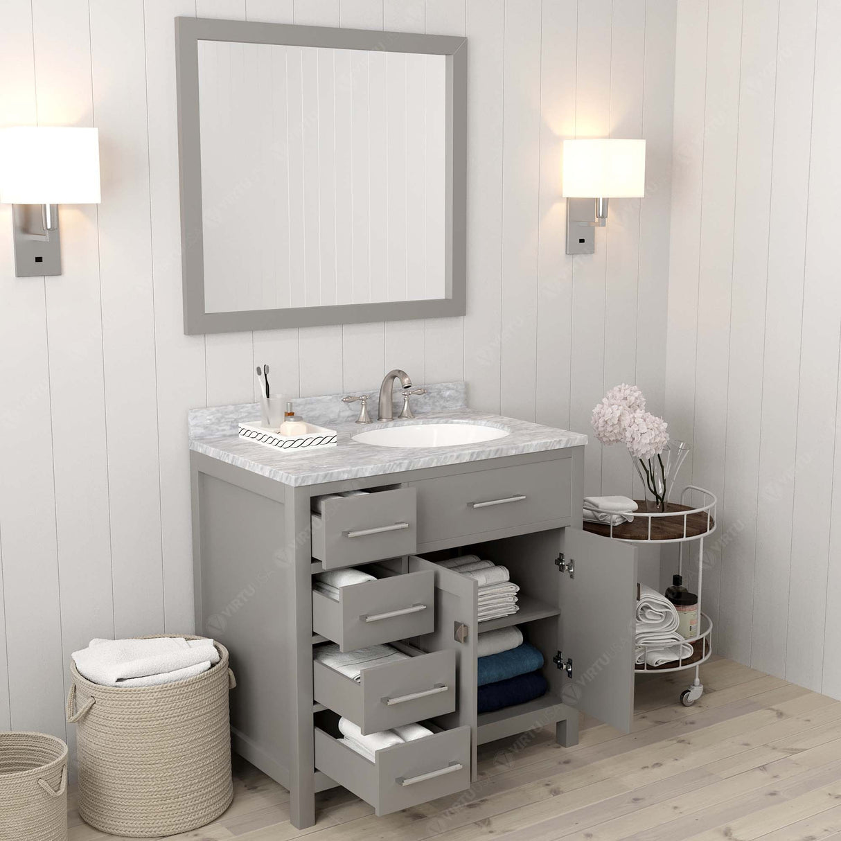 Virtu USA Caroline Parkway 36" Single Bath Vanity with Italian Carrara White Marble Top and Square Sink with Polished Chrome Faucet with Matching Mirror