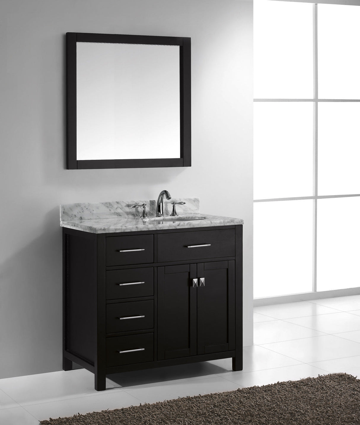 Virtu USA Caroline Parkway 36" Single Bath Vanity with Italian Carrara White Marble Top and Square Sink with Polished Chrome Faucet with Matching Mirror