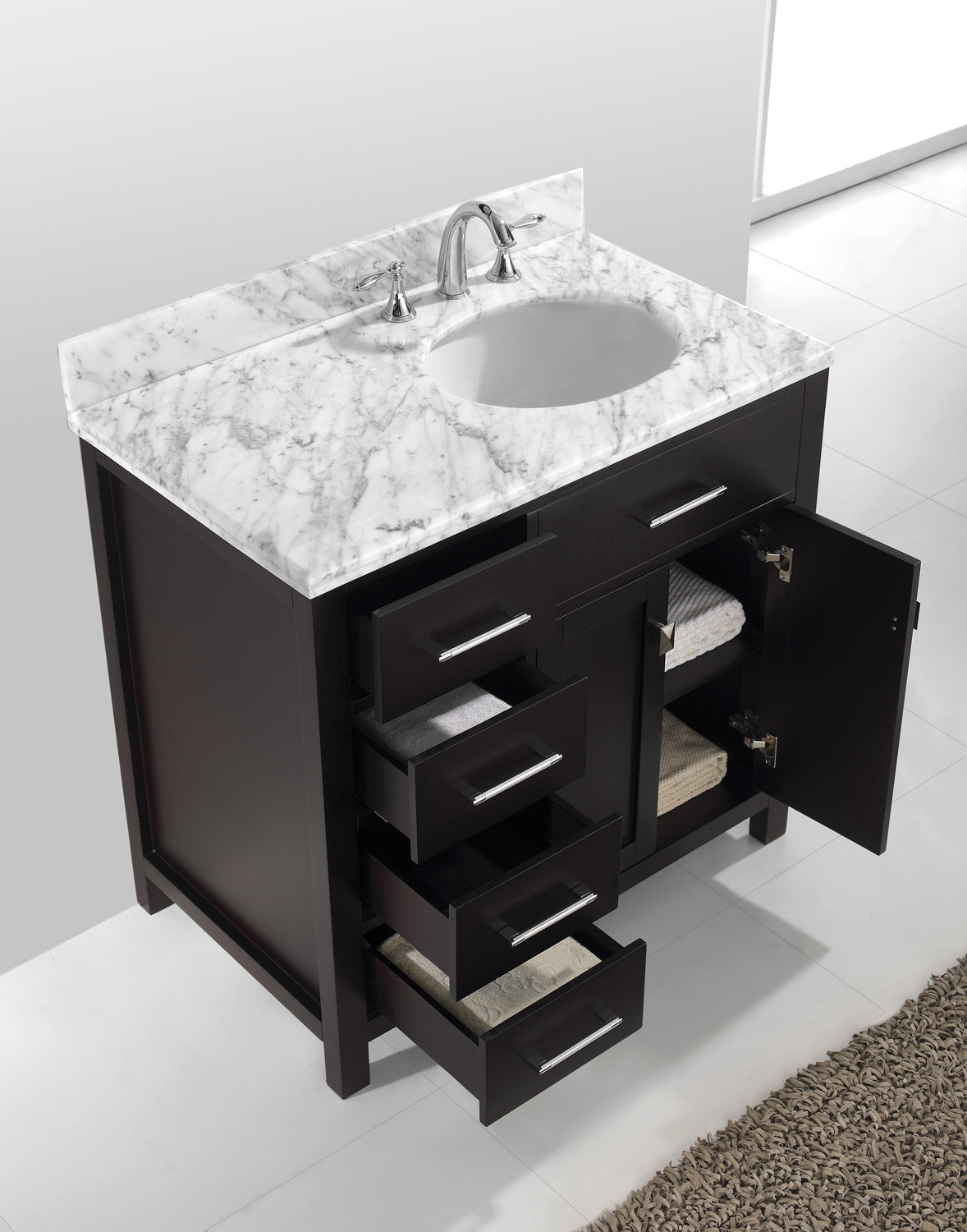 Virtu USA Caroline Parkway 36" Single Bath Vanity with Italian Carrara White Marble Top and Square Sink with Polished Chrome Faucet with Matching Mirror