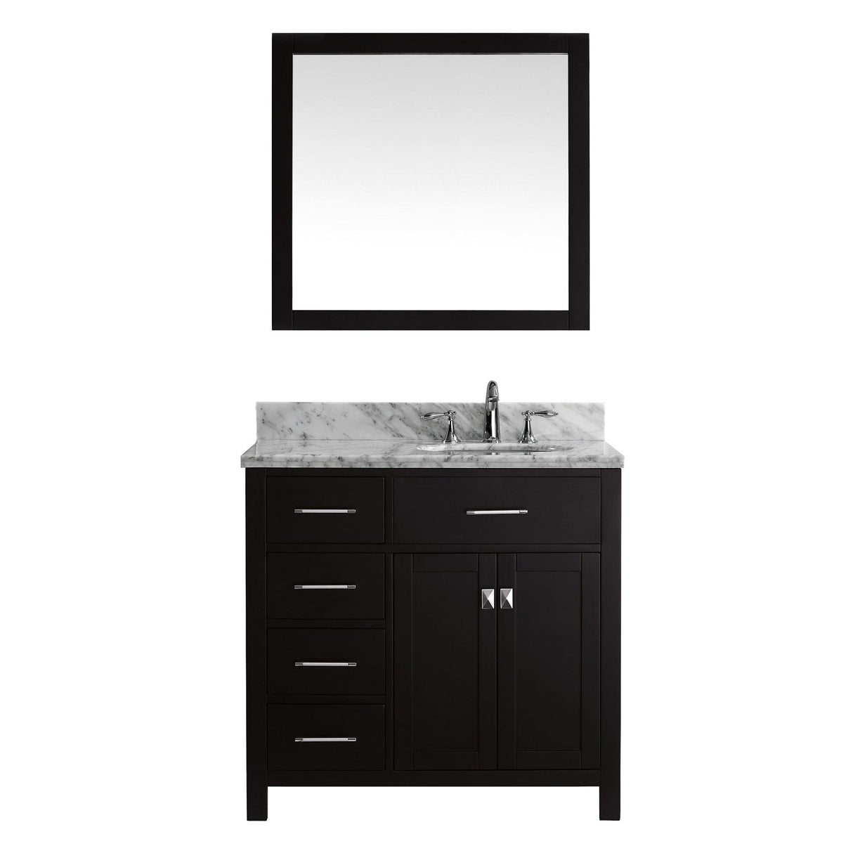 Virtu USA Caroline Parkway 36" Single Bath Vanity with Italian Carrara White Marble Top and Square Sink with Polished Chrome Faucet with Matching Mirror - Luxe Bathroom Vanities