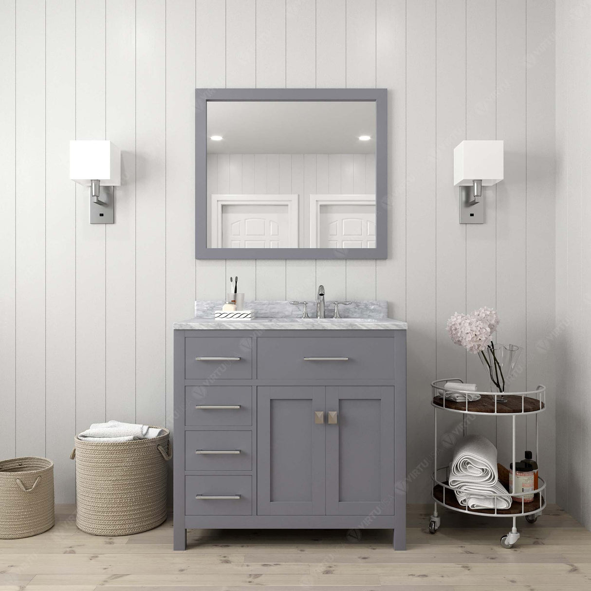 Virtu USA Caroline Parkway 36" Single Bath Vanity with Italian Carrara White Marble Top and Square Sink with Polished Chrome Faucet with Matching Mirror