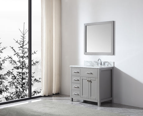 Virtu USA Caroline Parkway 36" Single Bath Vanity with White Marble Top and Square Sink with Matching Mirror