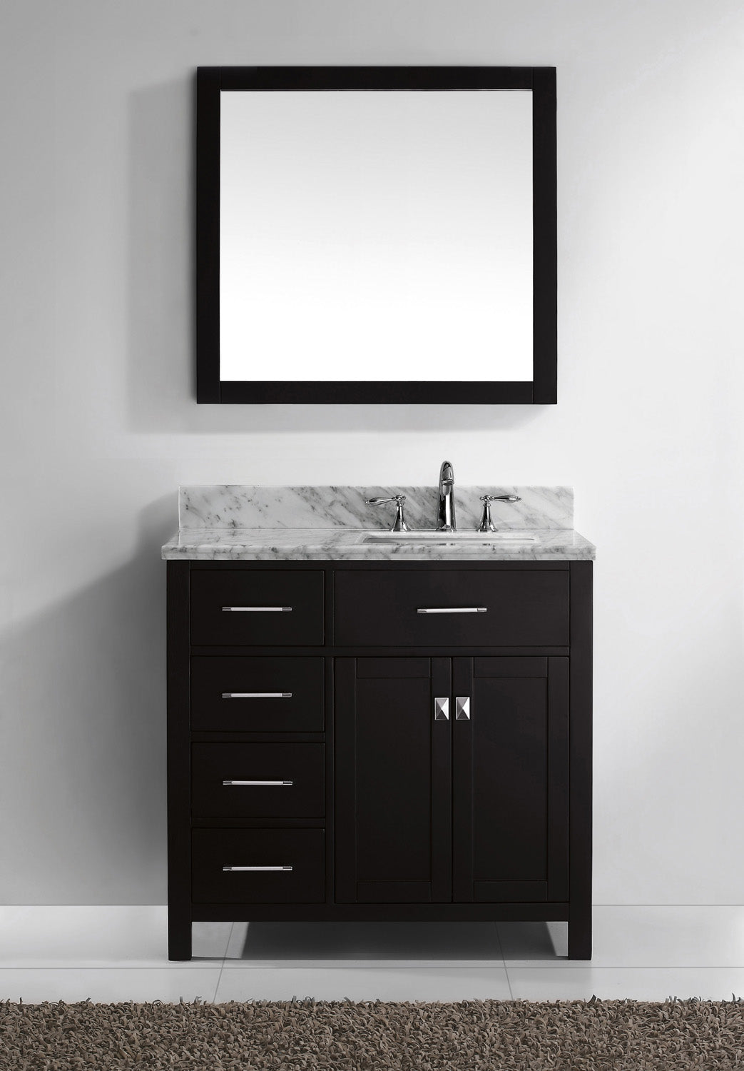 Virtu USA Caroline Parkway 36" Single Bath Vanity with White Marble Top and Square Sink with Brushed Nickel Faucet with Matching Mirror