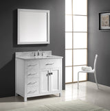 Virtu USA Caroline Parkway 36" Single Bath Vanity with White Marble Top and Square Sink with Brushed Nickel Faucet with Matching Mirror