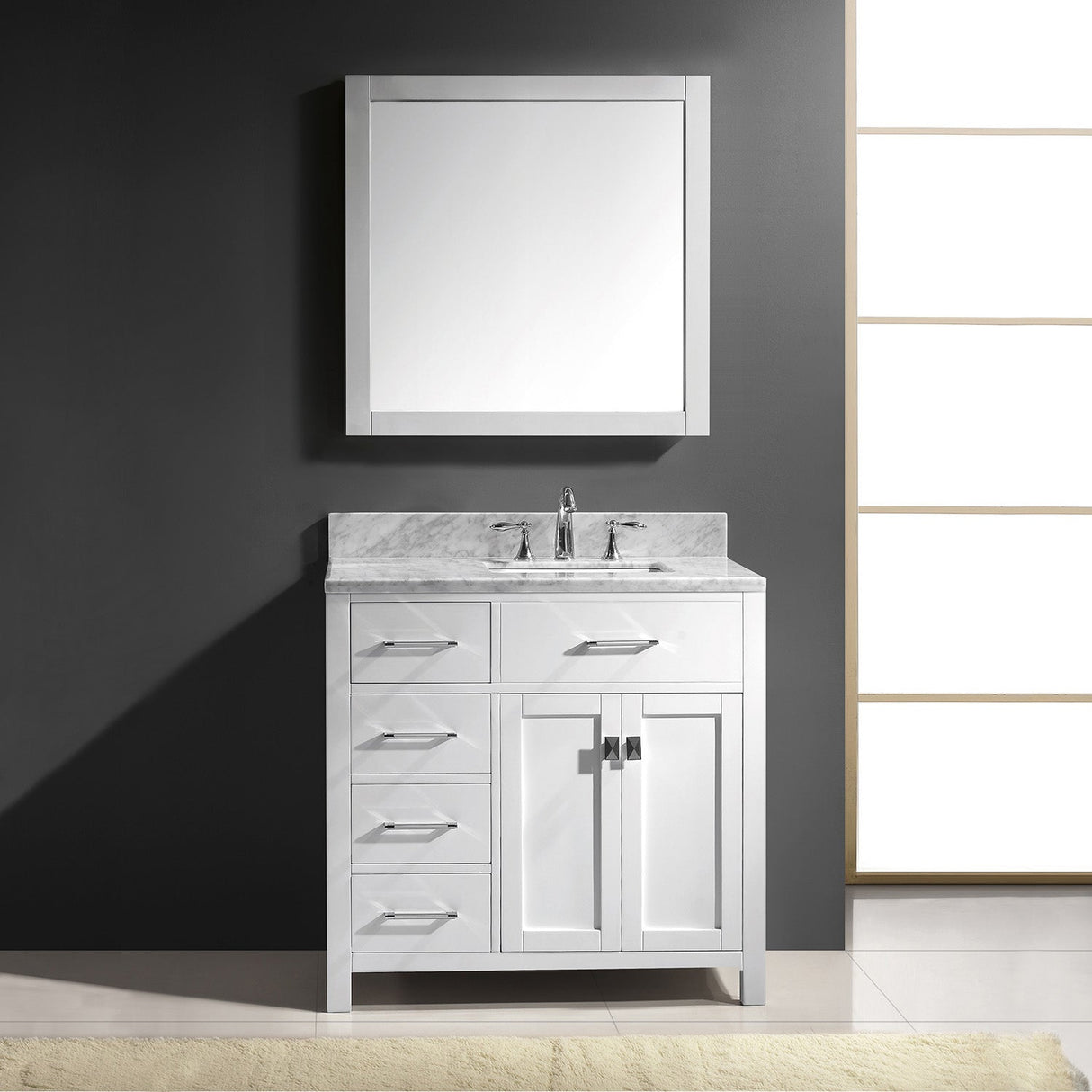 Virtu USA Caroline Parkway 36" Single Bath Vanity with Italian Carrara White Marble Top and Square Sink with Polished Chrome Faucet with Matching Mirror