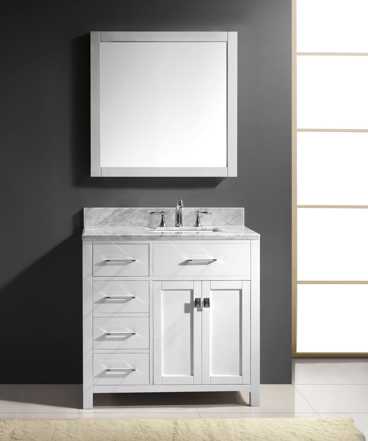 Virtu USA Caroline Parkway 36" Single Bath Vanity with Italian Carrara White Marble Top and Square Sink with Polished Chrome Faucet with Matching Mirror