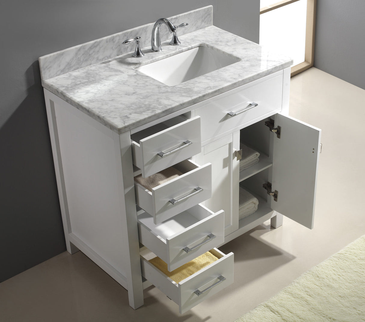 Virtu USA Caroline Parkway 36" Single Bath Vanity with Italian Carrara White Marble Top and Square Sink with Polished Chrome Faucet with Matching Mirror