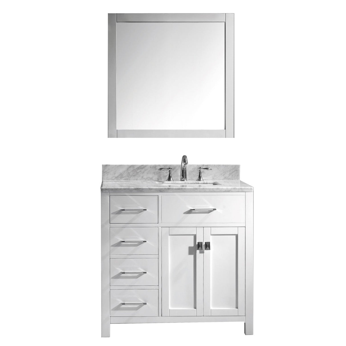 Virtu USA Caroline Parkway 36" Single Bath Vanity with Italian Carrara White Marble Top and Square Sink with Polished Chrome Faucet with Matching Mirror - Luxe Bathroom Vanities