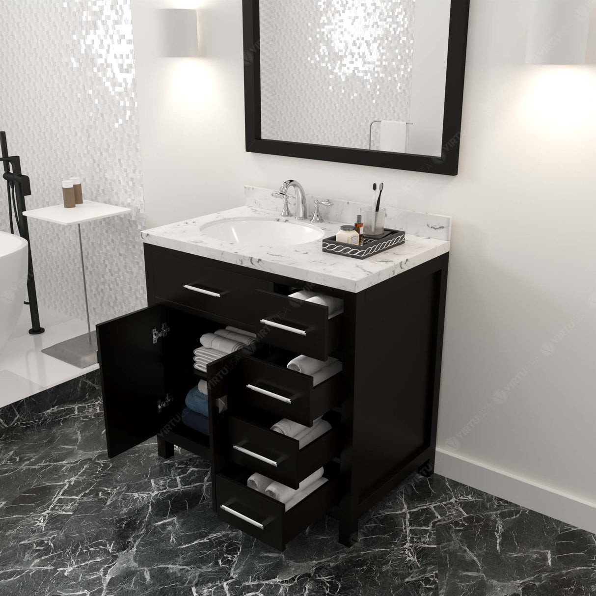 Virtu USA Caroline Parkway 36" Single Bath Vanity with Cultured Marble Quartz Top and Round Sink with Polished Chrome Faucet with Matching Mirror