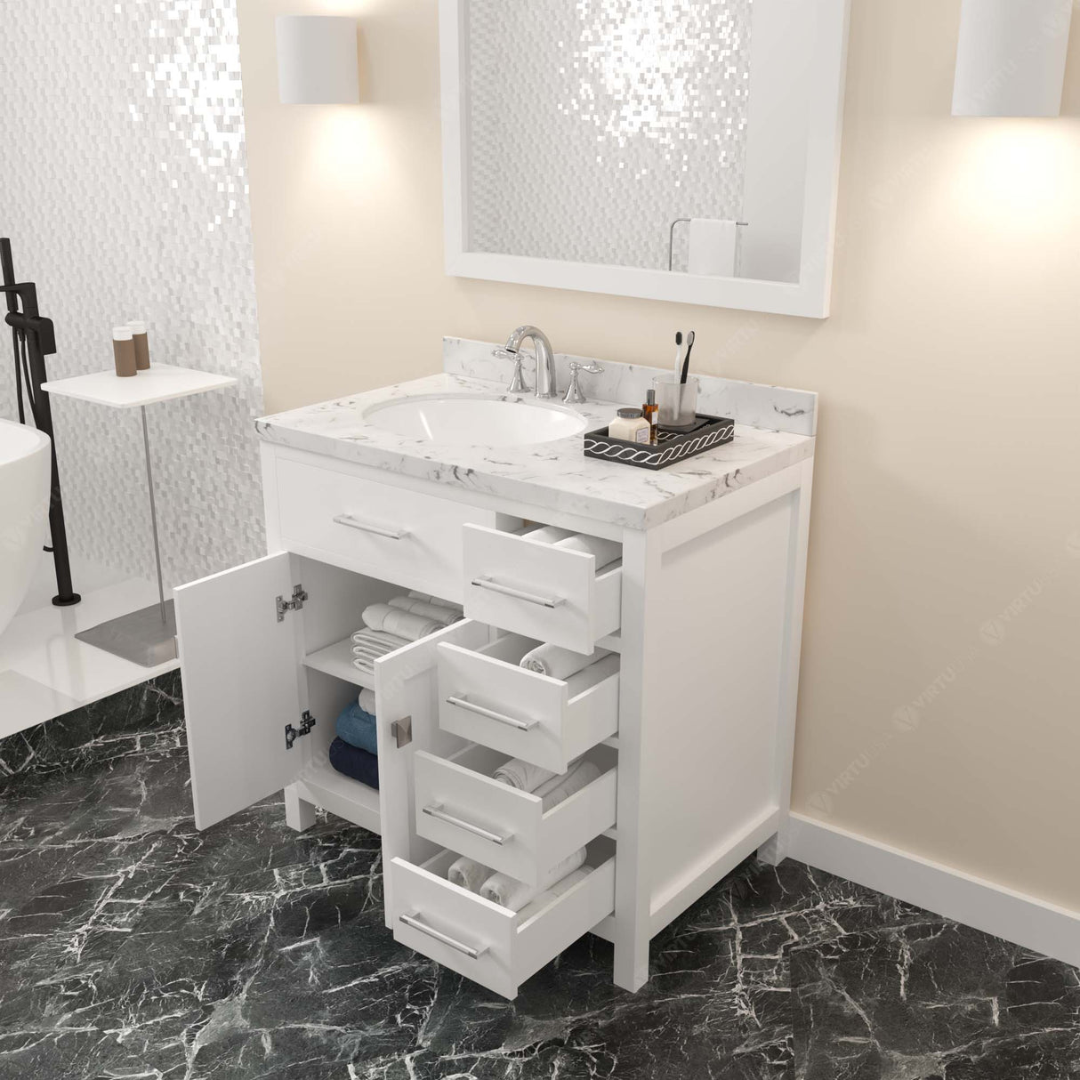 Virtu USA Caroline Parkway 36" Single Bath Vanity with Cultured Marble Quartz Top and Round Sink with Polished Chrome Faucet with Matching Mirror