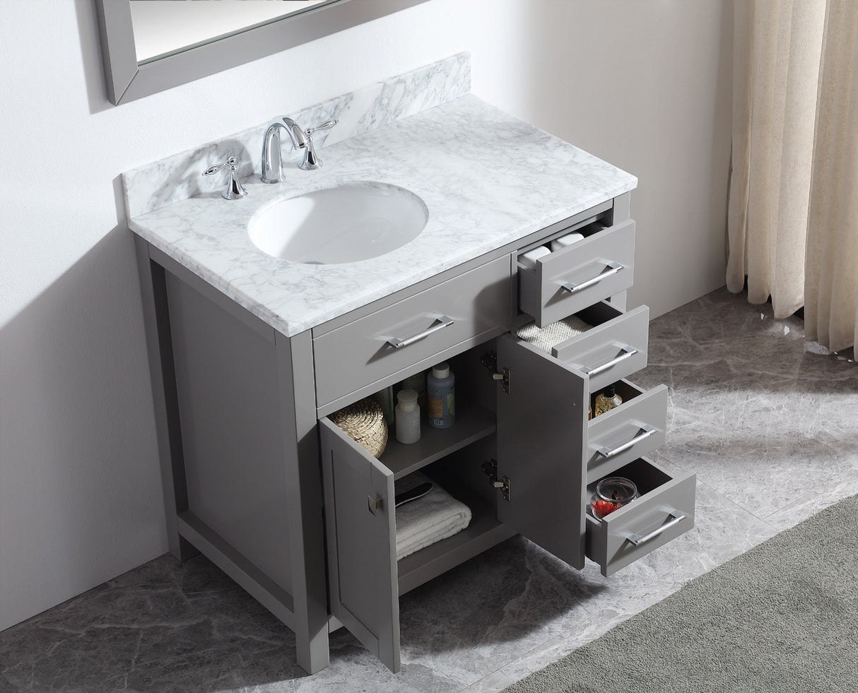 Virtu USA Caroline Parkway 36" Single Bath Vanity with Italian White Marble Top and Round Sink with Brushed Nickel Faucet with Matching Mirror