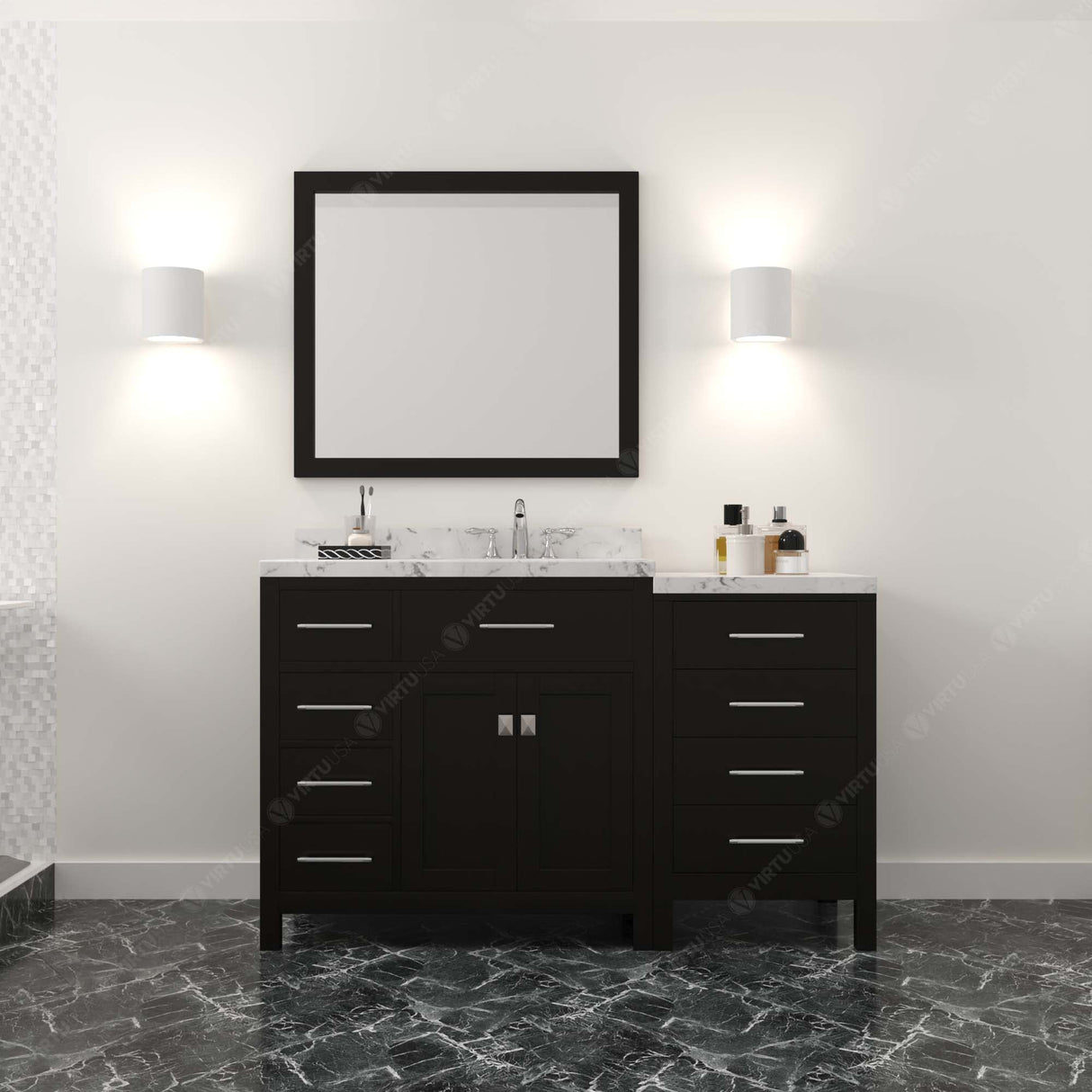 Virtu USA Caroline Parkway 57" Single Bath Vanity with Marble White Quartz Top and Round Sink with Matching Mirror