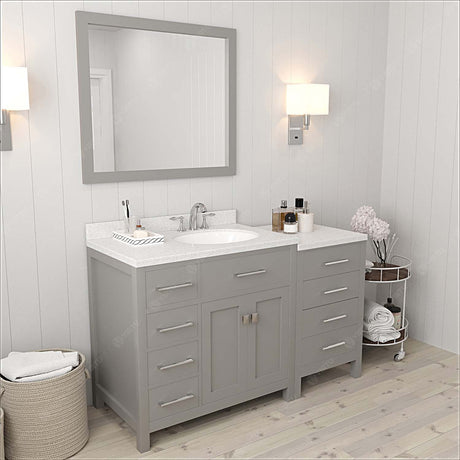 Virtu USA Caroline Parkway 57" Single Bath Vanity with Dazzle White Quartz Countertop and Round Sink with Polished Chrome Faucet with Matching Mirror