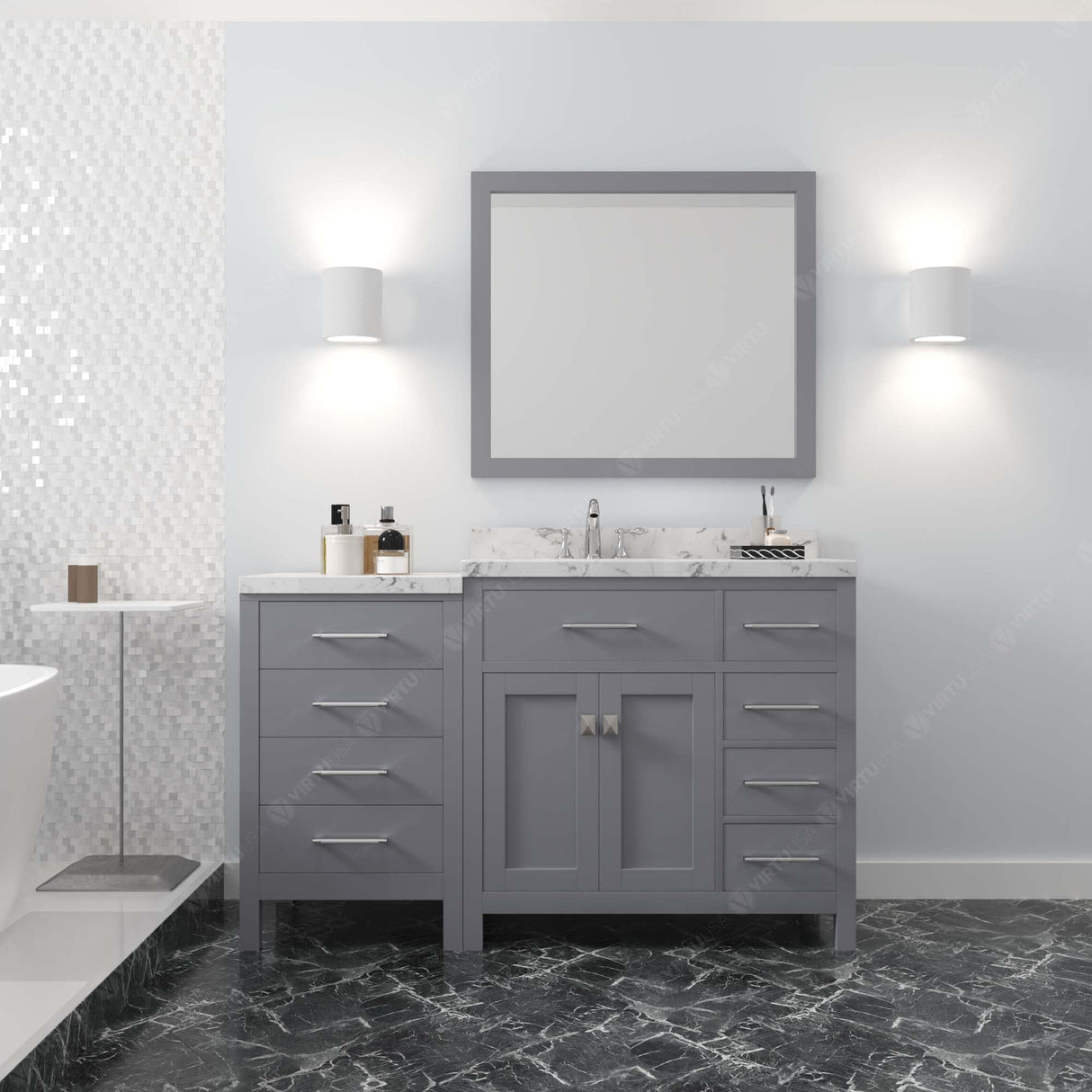 Virtu USA Caroline Parkway 57" Single Bath Vanity with Cultured Marble White Quartz Top and Round Sink with Brushed Nickel Faucet with Matching Mirror