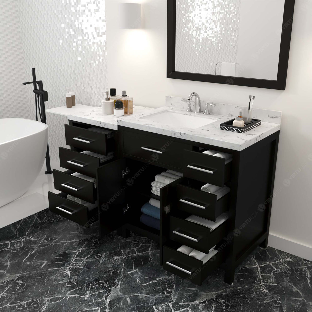 Virtu USA Caroline Parkway 57" Single Bath Vanity with Cultured Marble White Quartz Top and Square Sink with Matching Mirror