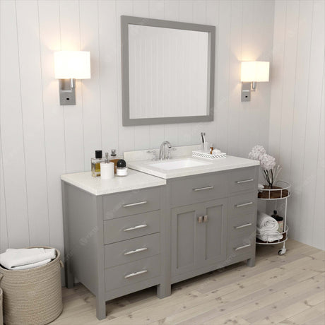 Virtu USA Caroline Parkway 57" Single Bath Vanity with Dazzle White Quartz Top and Square Sink with Brushed Nickel Faucet with Matching Mirror