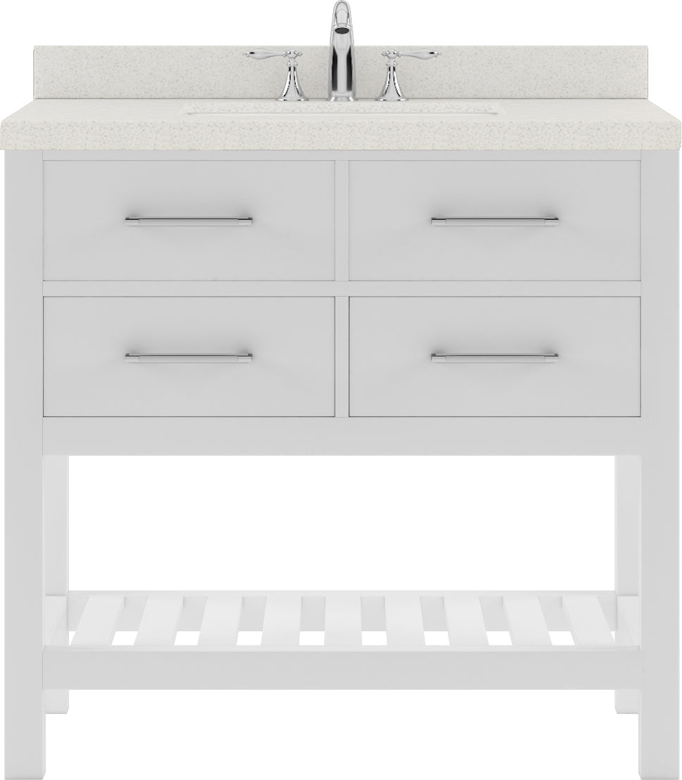 Virtu USA Caroline Estate 36" Single Bath Vanity with Dazzle White Quartz Top and Square Sink with Brushed Nickel Faucet with Matching Mirrors