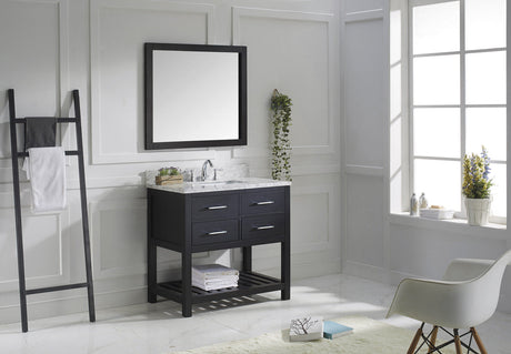 Virtu USA Caroline Estate 36" Single Bath Vanity with White Marble Top and Square Sink with Polished Chrome Faucet with Matching Mirrors
