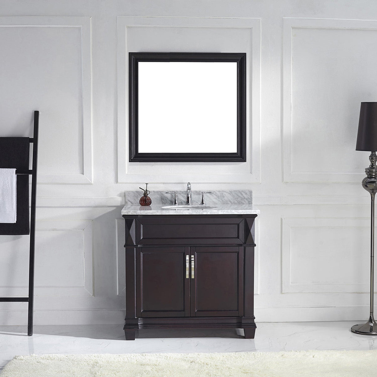 Virtu USA Victoria 36" Single Bath Vanity with White Marble Top and Round Sink with Polished Chrome Faucet with Matching Mirror