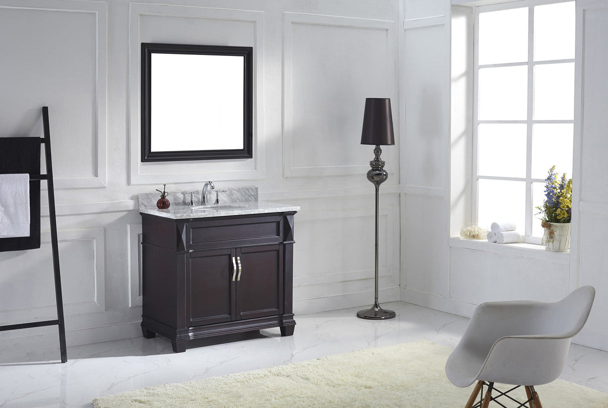 Virtu USA Victoria 36" Single Bath Vanity with White Marble Top and Round Sink with Polished Chrome Faucet with Matching Mirror