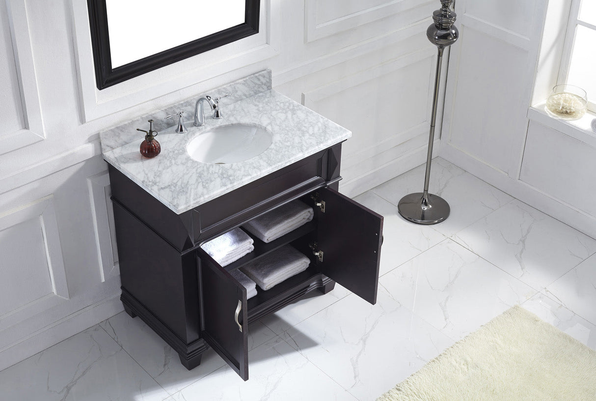 Virtu USA Victoria 36" Single Bath Vanity with White Marble Top and Round Sink with Polished Chrome Faucet with Matching Mirror