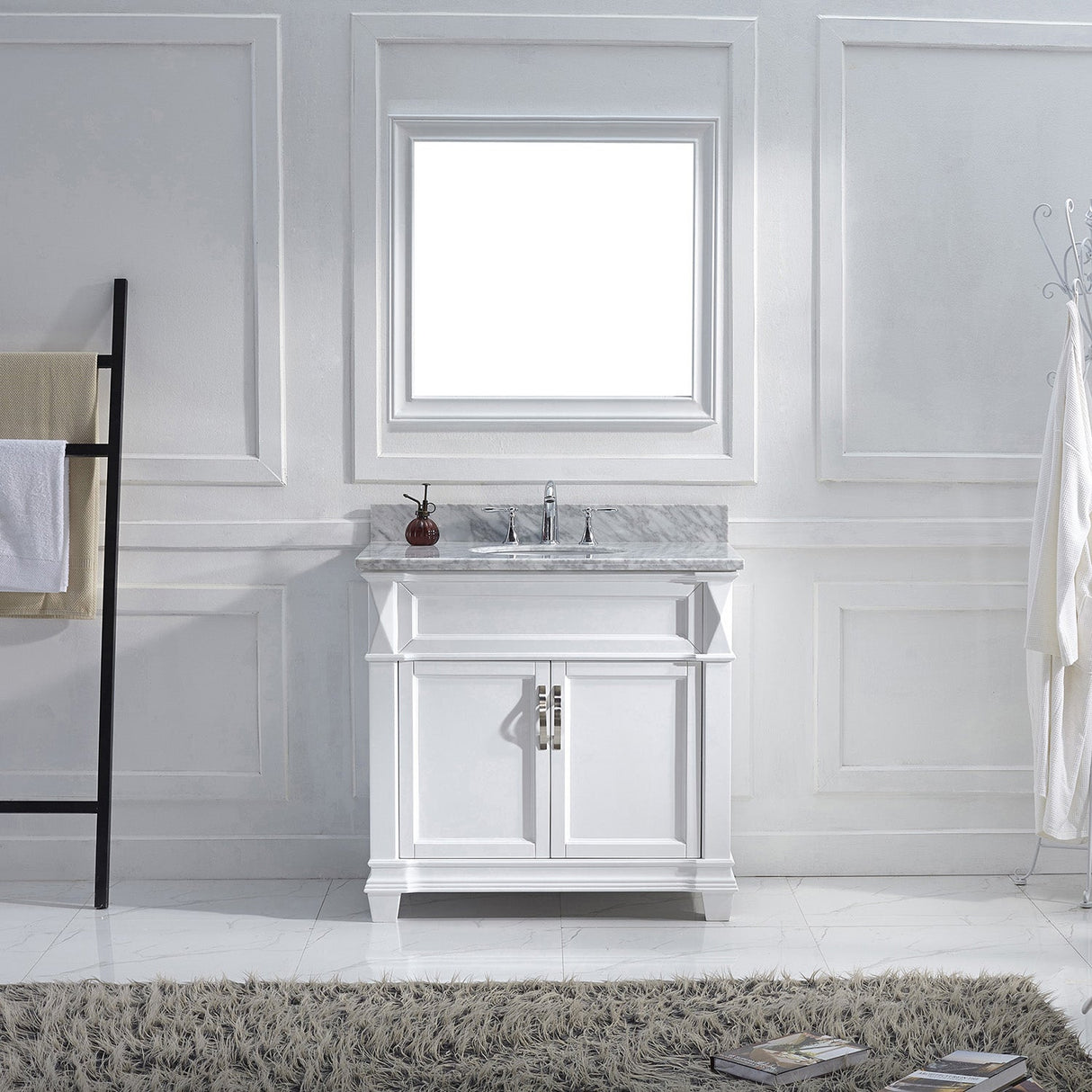 Virtu USA Victoria 36" Single Bath Vanity with White Marble Top and Round Sink with Polished Chrome Faucet with Matching Mirror