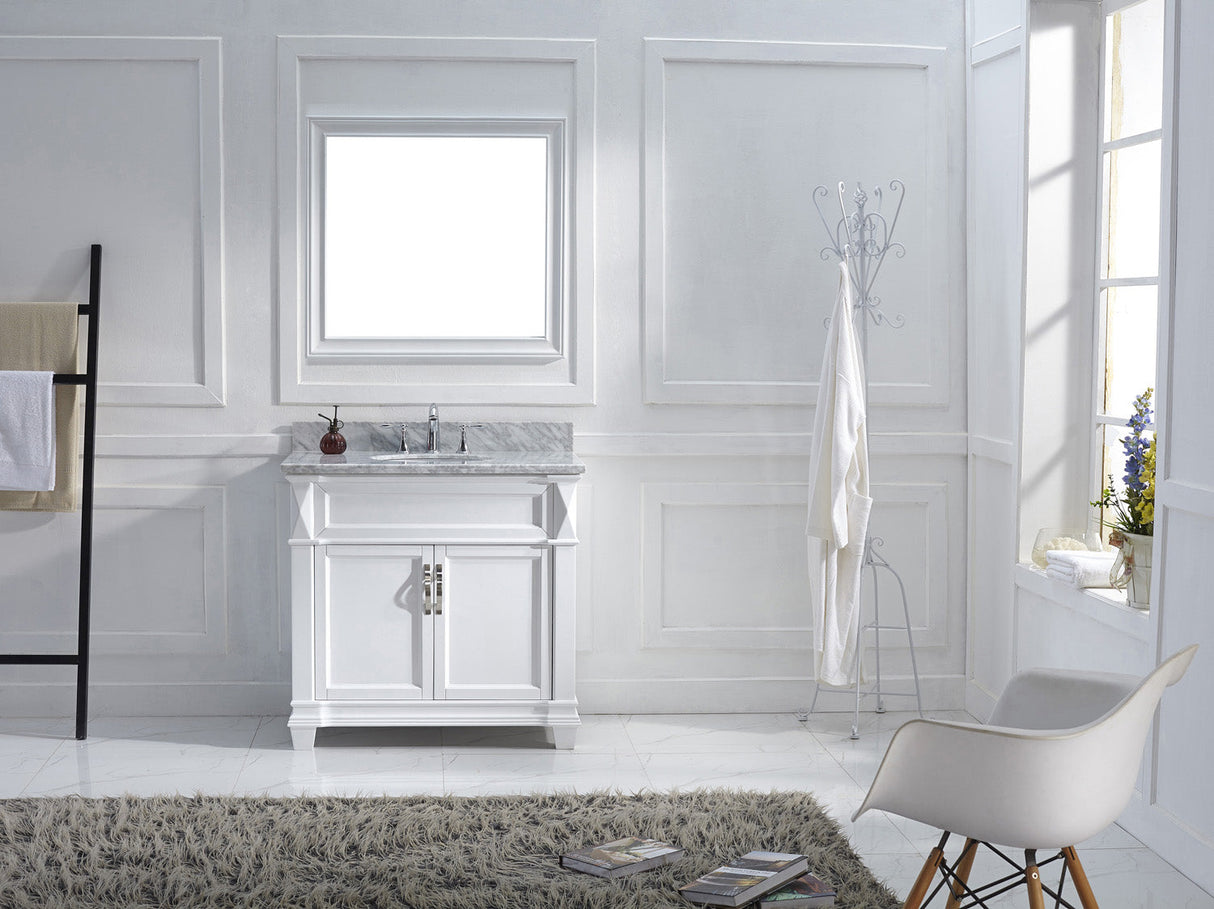 Virtu USA Victoria 36" Single Bath Vanity with White Marble Top and Round Sink with Polished Chrome Faucet with Matching Mirror