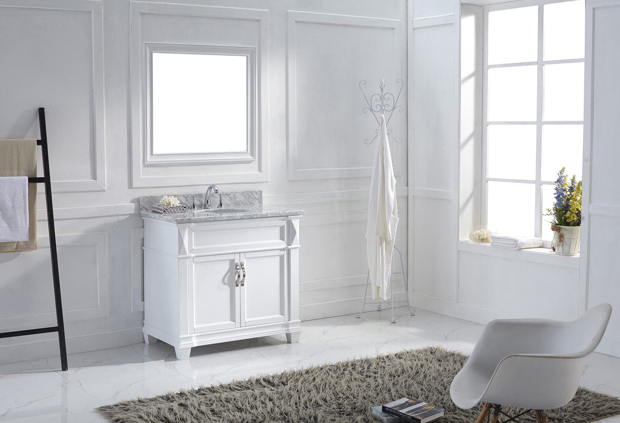 Virtu USA Victoria 36" Single Bath Vanity with White Marble Top and Round Sink with Polished Chrome Faucet with Matching Mirror