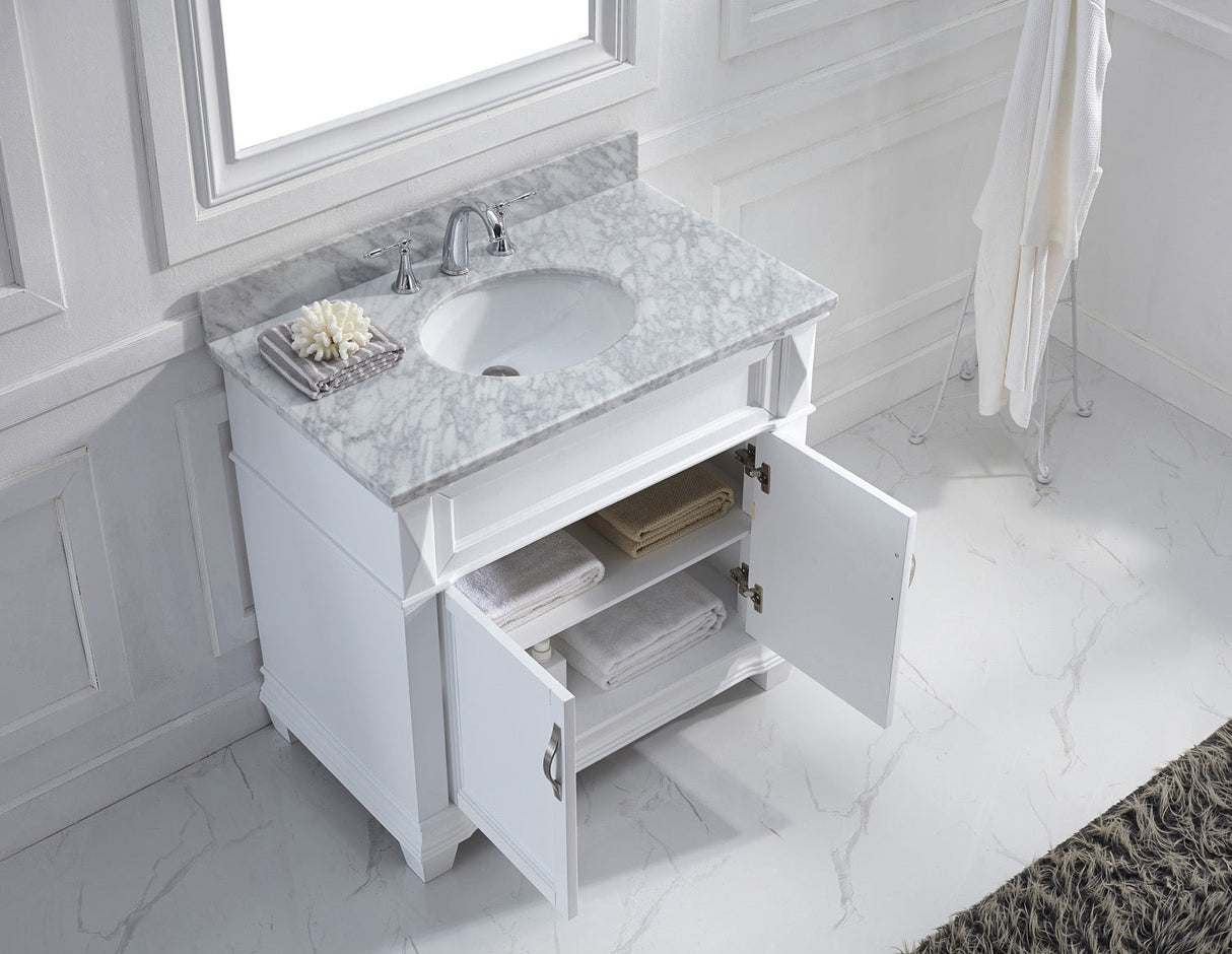 Virtu USA Victoria 36" Single Bath Vanity with White Marble Top and Round Sink with Polished Chrome Faucet with Matching Mirror