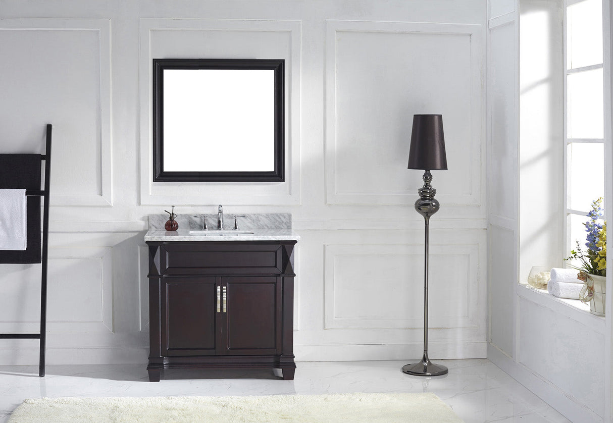 Virtu USA Victoria 36" Single Bath Vanity with White Marble Top and Square Sink with Brushed Nickel Faucet with Matching Mirror