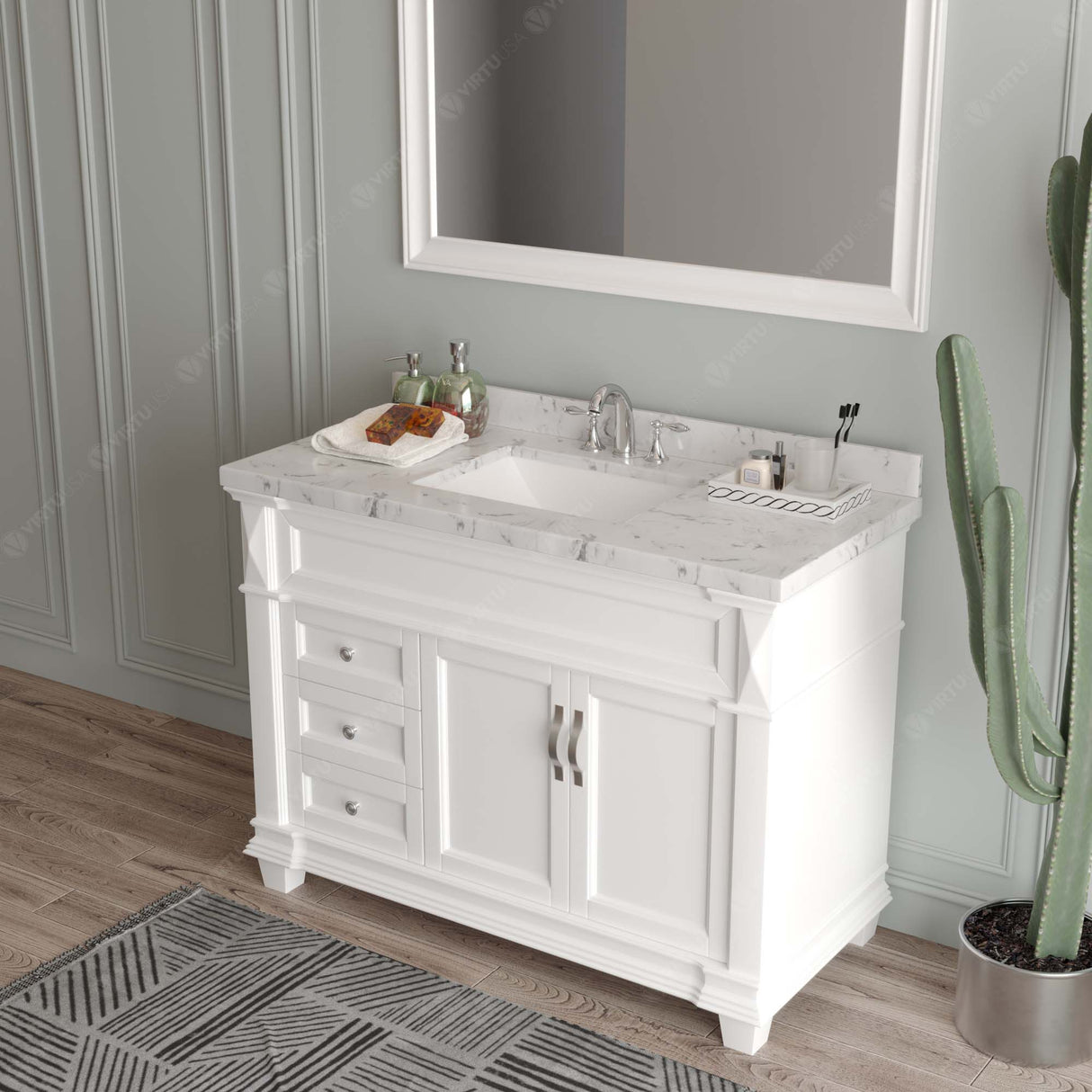 Virtu USA Victoria 48" Single Bath Vanity with White Quartz Top and Square Sink with Brushed Nickel Faucet with Matching Mirror
