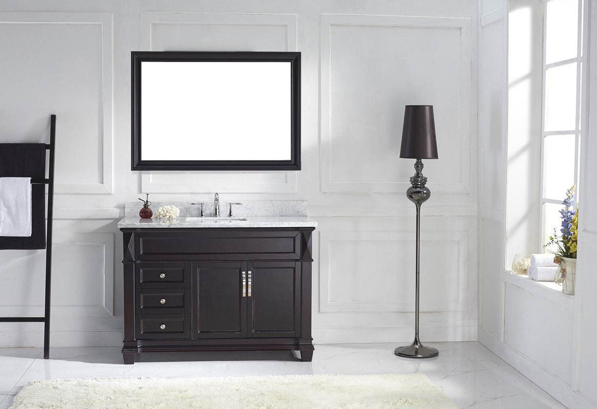 Virtu USA Victoria 48" Single Bath Vanity with White Marble Top and Square Sink with Brushed Nickel Faucet with Matching Mirror
